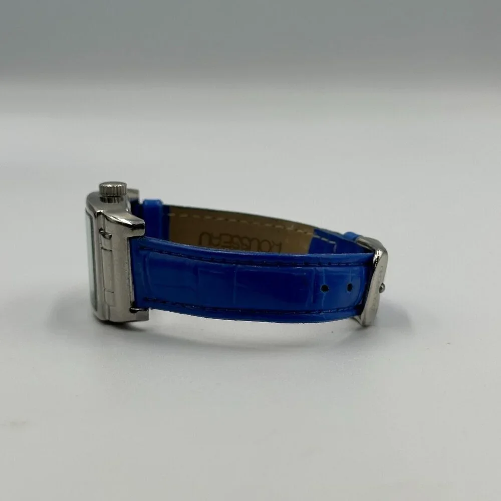Rousseau Watch Women Silver Tone Square Dial Blue Leather Band New Battery 9